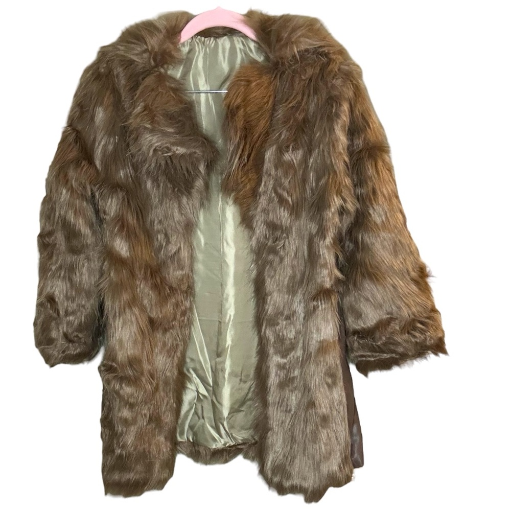 Women’s Brown Shaggy Faux Fur Silk-Lined Teddy Coat Size Large with Belt
